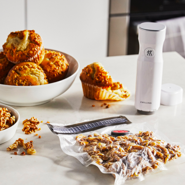 A bag of crushed muffins sealed using the product.