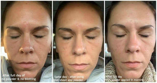 Progression photos of a reviewer demonstrate how their face remained oil-free throughout the day, thanks to the product's effectiveness.