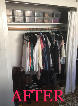 The same closet after adding the velvet hangers, showing significantly more space.