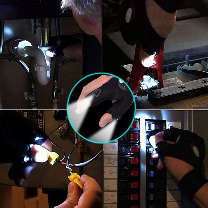 A split-image showcasing how the light-up gloves can be used in various tasks: working with pipes, dealing with breaker boxes, handling small wires, and gripping tools.