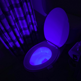 A photo showing a toilet glowing blue in a dimly lit room.