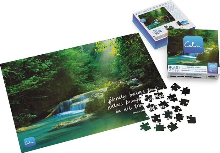 A puzzle illustrating a serene hidden waterfall