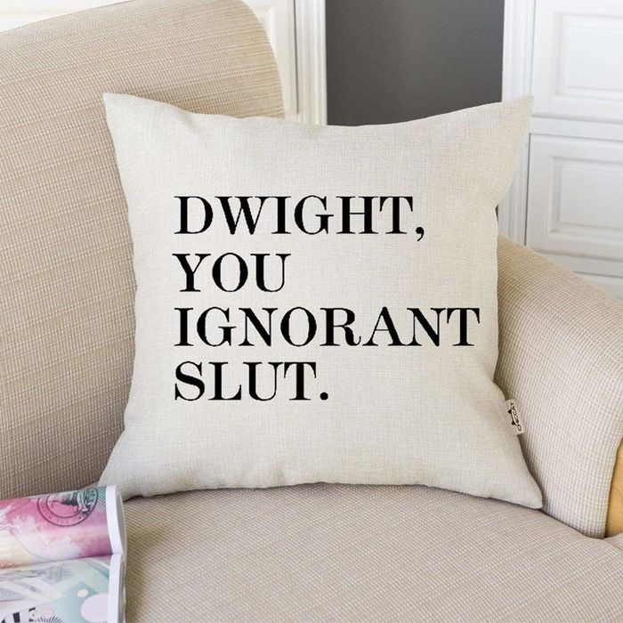 A throw pillow that says 'Dwight, you ignorant slut.'