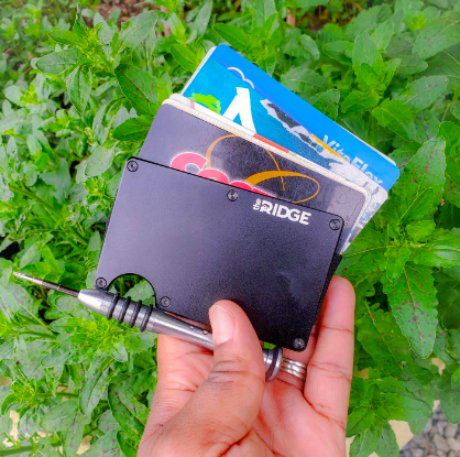 A hand showcasing the wallet with all its cards neatly organized inside.