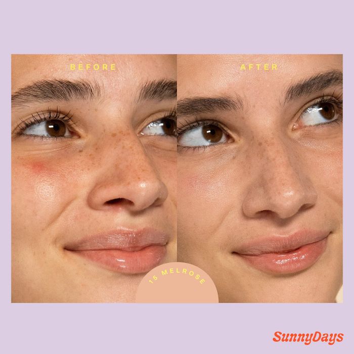 A model's before-and-after photos reveal how the tinted moisturizer effectively covers redness on their cheeks and around their nose.