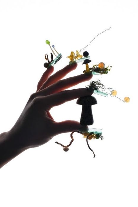 An intricate hand showcasing detailed nail art with miniature mushrooms, beads, and delicate wires. This image is part of an article featuring shopping recommendations.