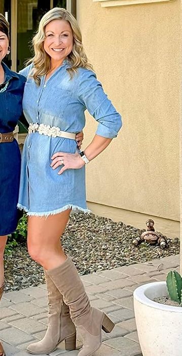 A reviewer shares how she looks in a light blue dress, perfect for any occasion.