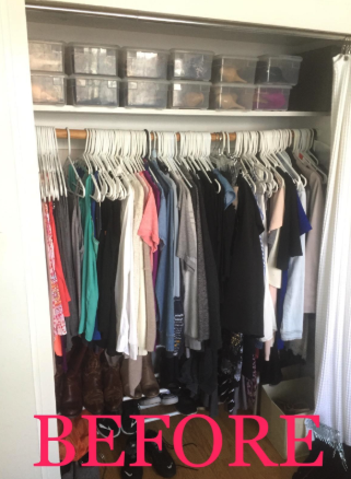 A before photo of a closet lacking velvet hangers.