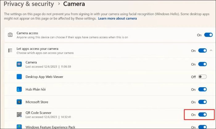 cách cấp quyền truy cập camera cho ứng dụng quét mã QR