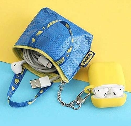 earbuds tucked inside the Ikea bag