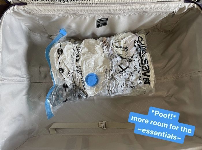 The same clothes now vacuum-sealed with the text: '*Poof!* more room for the ~essentials~'