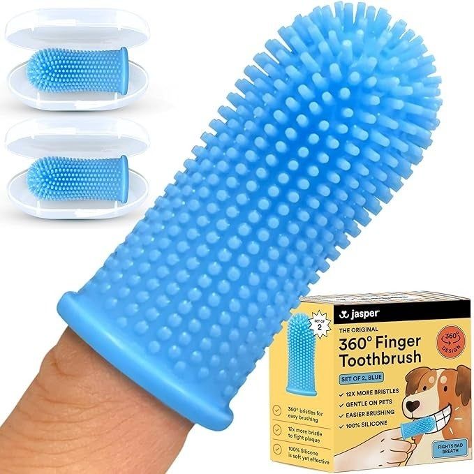 A finger toothbrush with soft bristles designed for pets, packaged with two cases for dental cleaning. Made of silicone and promotes gum health. Brand: Jasper