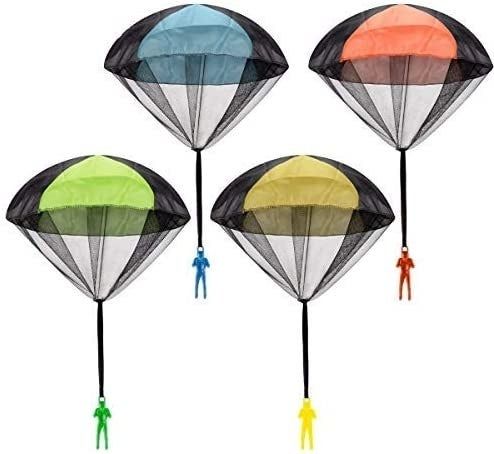 A set of four parachute toys in blue, red, green, and yellow.