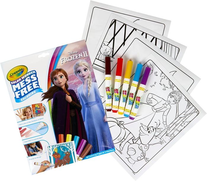 The Crayola Color Wonder mess-free coloring kit, featuring Elsa and Anna from Frozen II, with markers and coloring sheets.