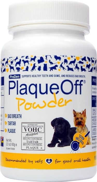 PlaqueOff Powder for cats and dogs, a product that helps manage tartar and plaque buildup, and reduces bad breath. Recommended by vets for maintaining good oral health. Comes in a 60g container.