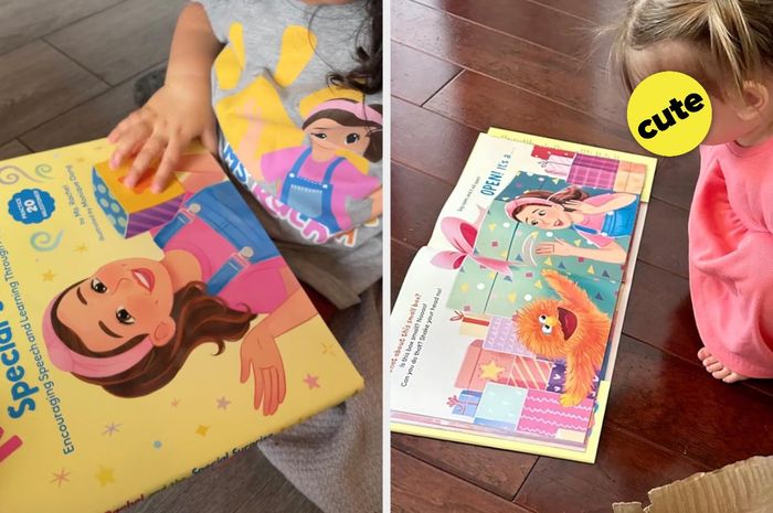 Two kids exploring a vibrant, speech-focused book, with a cartoon character inspired by a popular children's show.