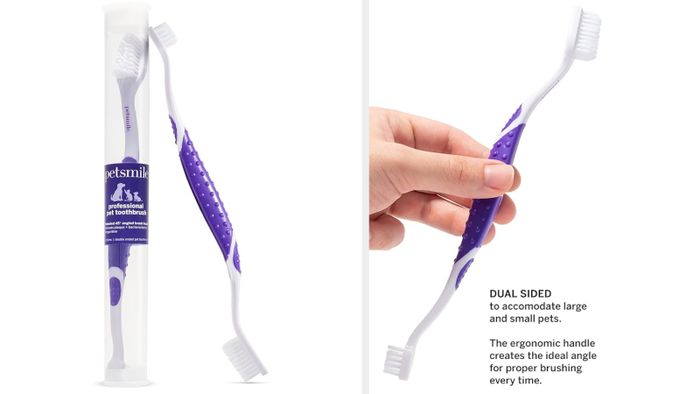 A dual-sided toothbrush designed for pets, featuring an ergonomic handle, shown in packaging and being held by a hand. The text highlights its suitability for both large and small pets.