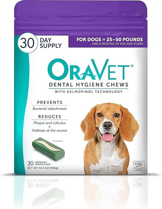 OraVet Dental Hygiene Chews for dogs weighing 25-50 pounds, providing a 30-day supply. Packaging features a beagle and a green chew. Text highlights benefits like preventing bacterial attachment.