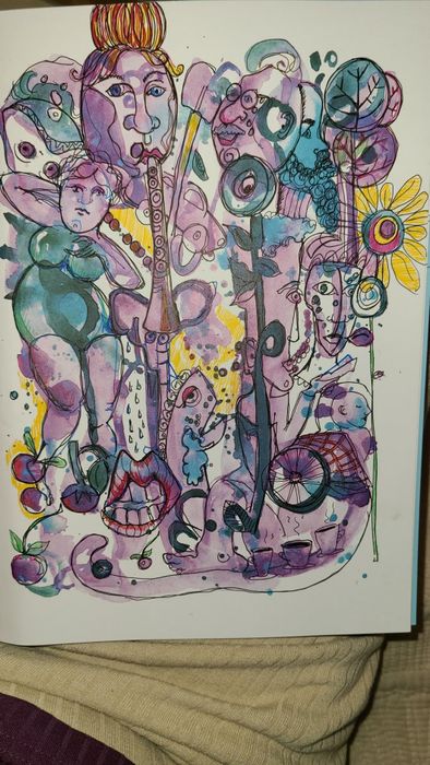 Whimsical abstract art featuring human and animal-like forms, bright, lively patterns, and intricate details, with a sunflower in the upper right corner.