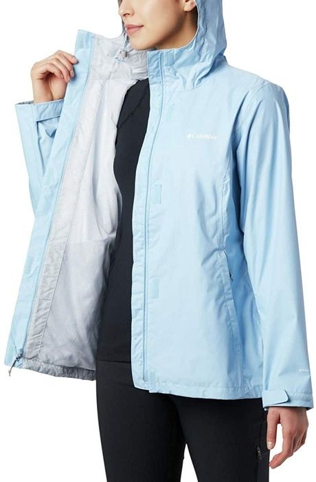 A model wearing the raincoat in a soft light blue shade