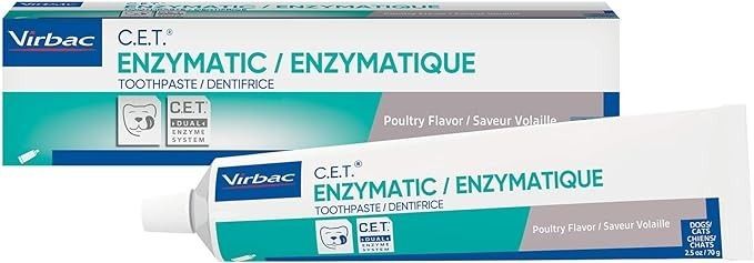 Virbac C.E.T. Enzymatic Pet Toothpaste in a poultry flavor, shown in its packaging with the tube placed prominently in front.