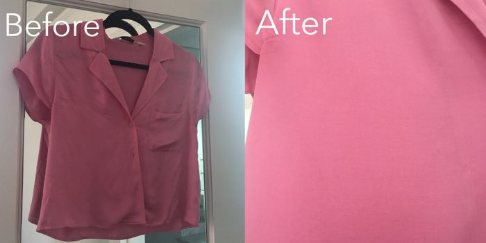 The same Mytourer's shirt before and after using the steamer. The previously wrinkled shirt is now perfectly smooth.