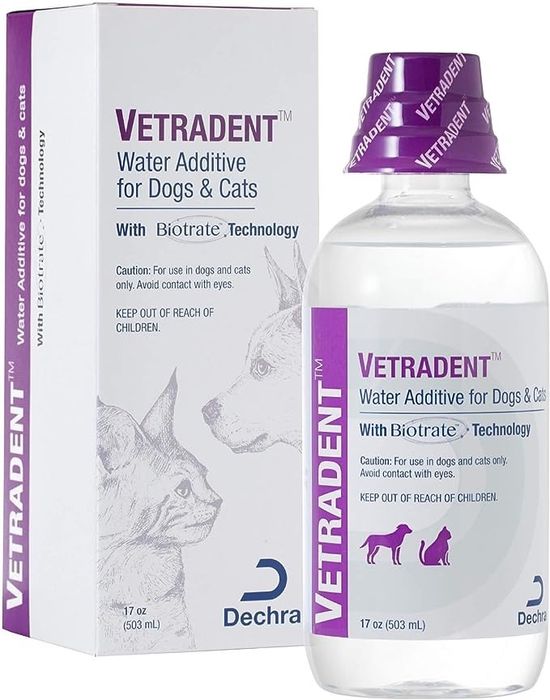Vetradent water additive for dogs and cats, 17 oz bottle with packaging. Contains Biotrate technology. Caution: For pets only; keep out of reach of children.