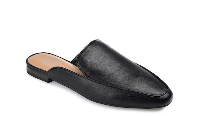 A black faux leather mule.