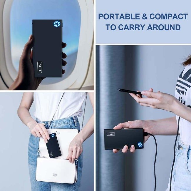 A compact external battery the size of a phone, plugged into a device, held in a hand, and being tucked away into a purse