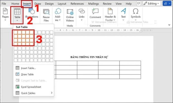 Sử dụng tính năng Insert để tạo bảng nhanh chóng trong Word.