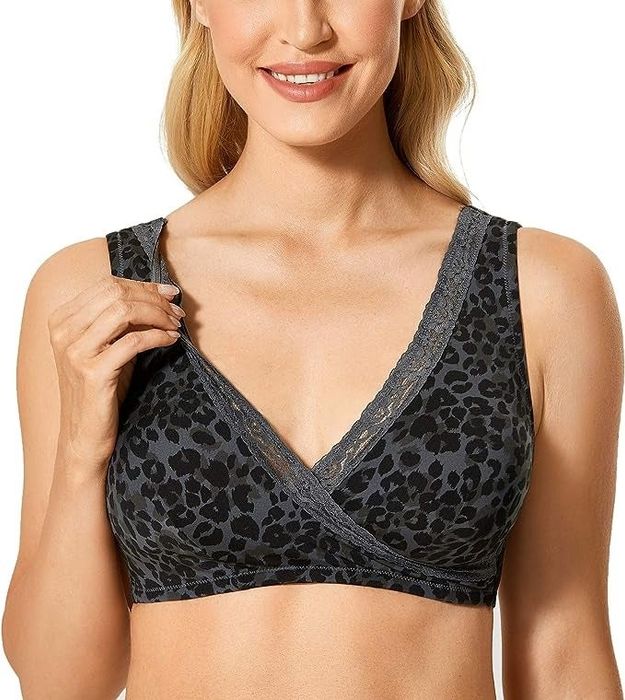 The bra featuring a leopard print lace trim.