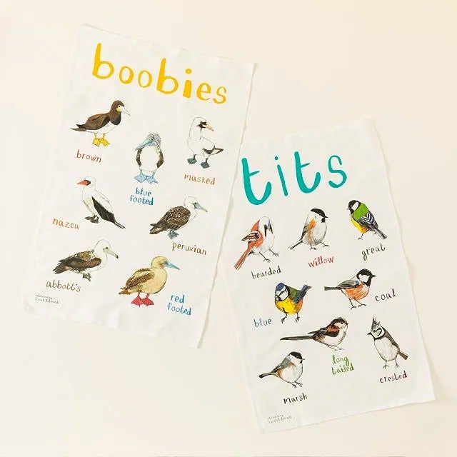 Tea towels featuring illustrations of various bird species, such as booby and tit birds, make a whimsical gift