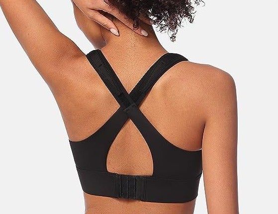 A view showing the criss-cross design of the back of the sports bra.