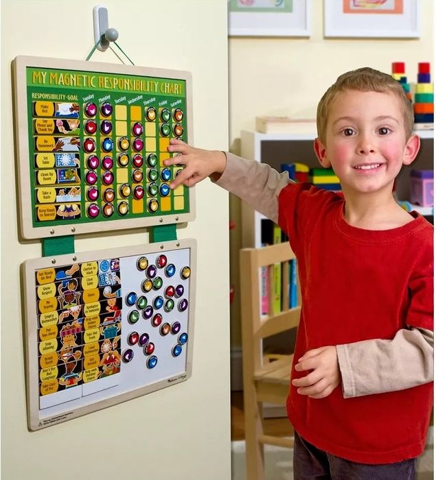 Child model demonstrating the colorful magnetic chart.
