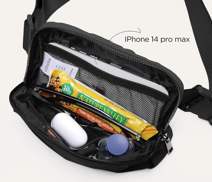The bag is opened to reveal its contents, which include an iPhone 14 Pro Max.