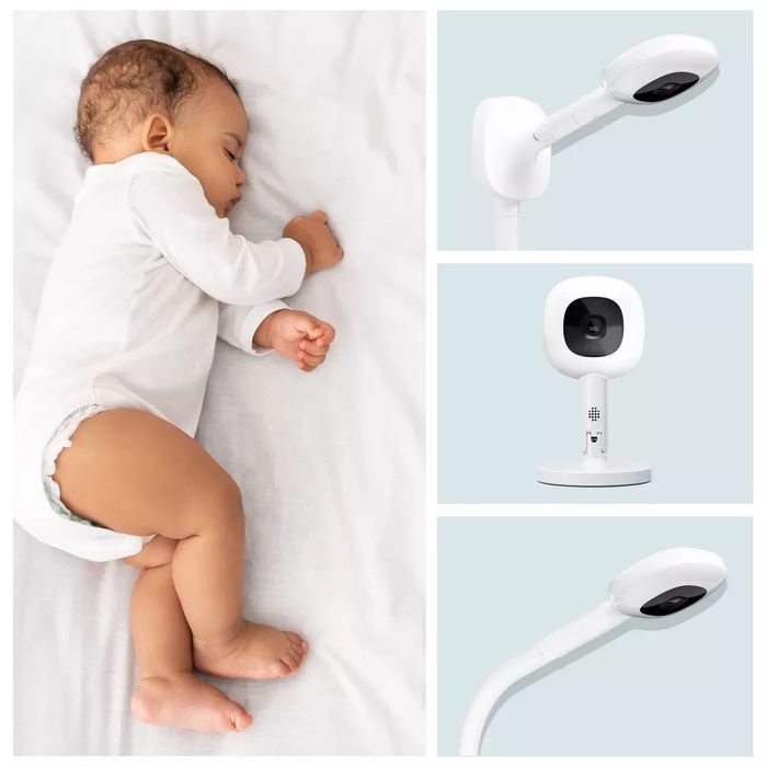 A baby peacefully resting while three images of a camera are displayed.