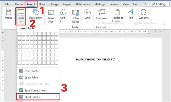 Tính năng Quick Table trong Word