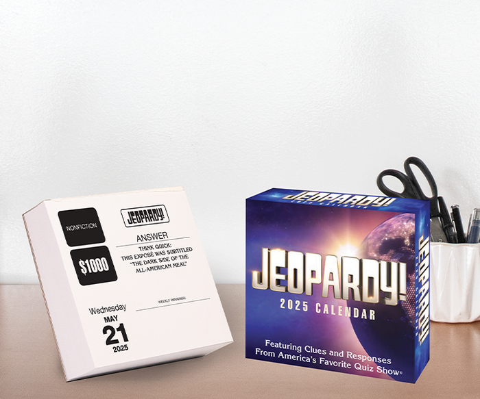 2025 Jeopardy! calendar resting on a desk