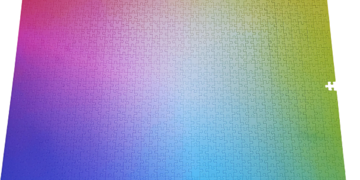 A nearly completed 1,000-piece puzzle in the shape of a vibrant rainbow.