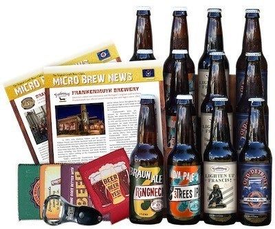 12 different bottles of craft beer, informative pamphlets, and a bottle opener.