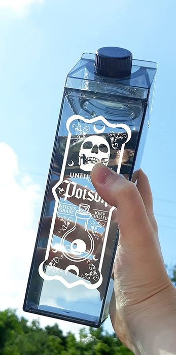The water bottle shaped like a milk carton with a poison label