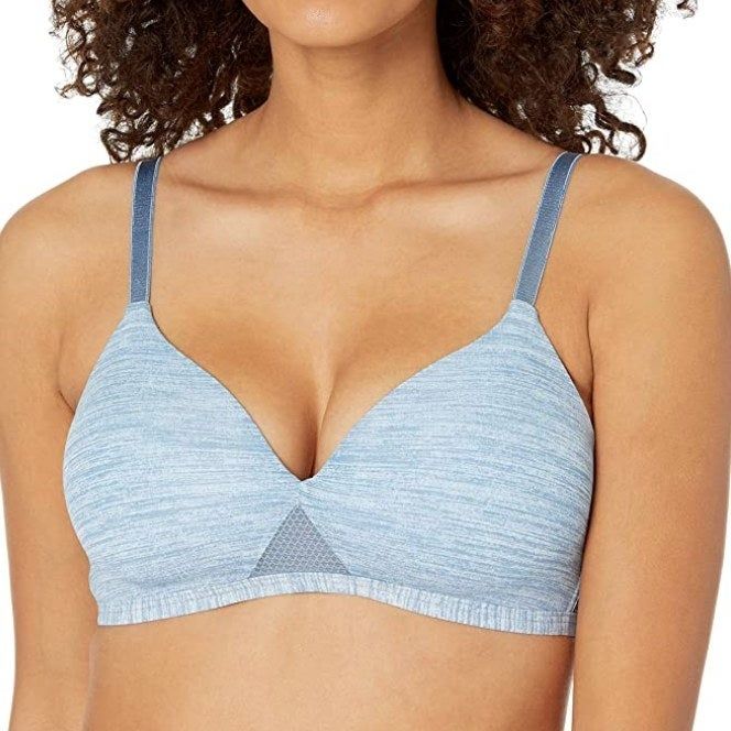 A model showcasing the bra in blue heather