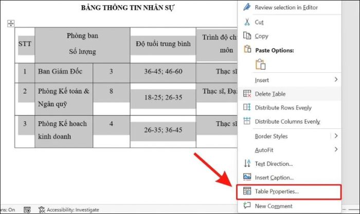 cài đặt table properties trong word