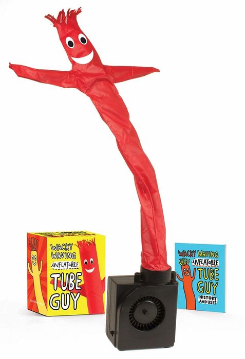 A red figure with a box and a booklet.