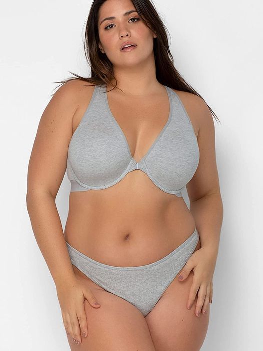 a model posing in the gray bra paired with matching underwear