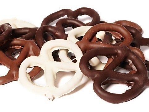The milk and dark chocolate-covered pretzels