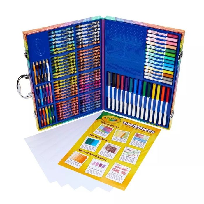 An open Crayola art case filled with various markers, crayons, and art supplies ready for creative use.