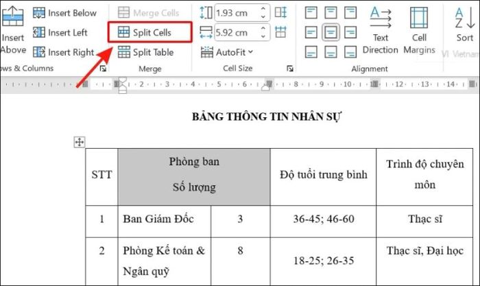 cách tách ô trong bảng