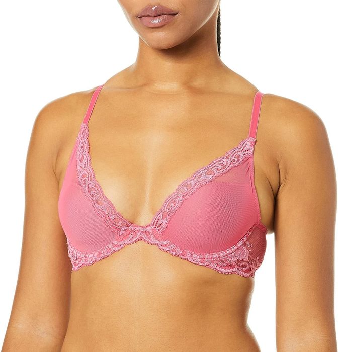 Model wearing a pink bra