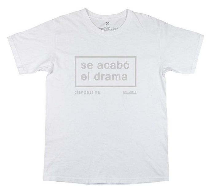 A white t-shirt emblazoned with the words 